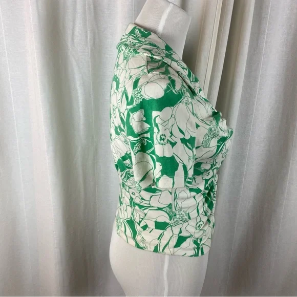Anthropologie Maeve‎ Women’s Medium Ruched Blouse Green White Floral Collared - Picture 3 of 6